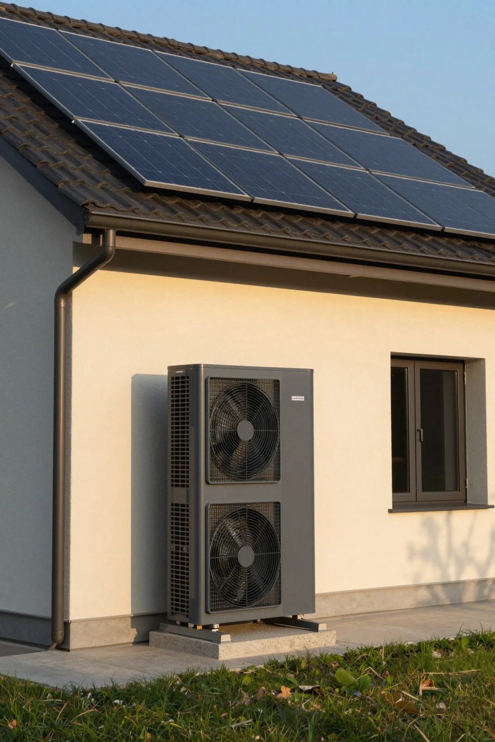 Maison avec panneaux solaires sur le toit et pompe à chaleur
