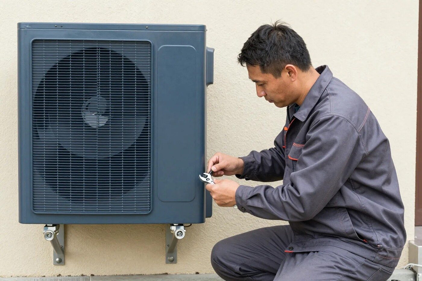 Installateur réglant une pompe à chaleur